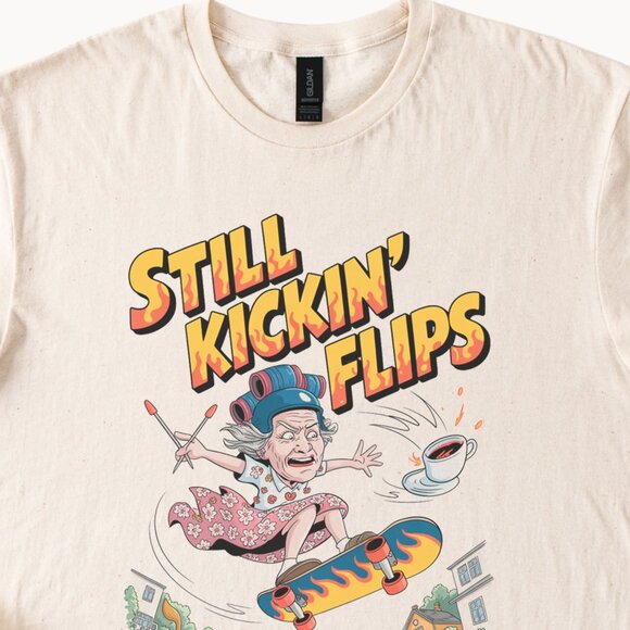 Still Kickin Flips Funny Grandma Skateboarding Graphic T Shirt Gift - Picture 2 of 6